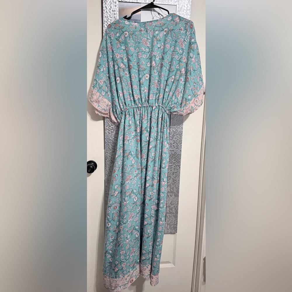 World Market Teal And Blush Floral Mira Kaftan Dress - Picture 2 of 4
